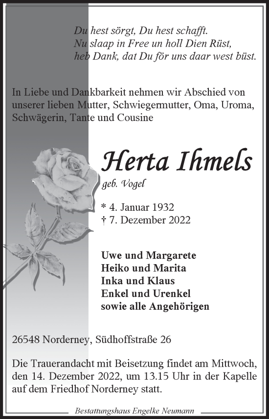 Traueranzeige von Herta Ihmels 