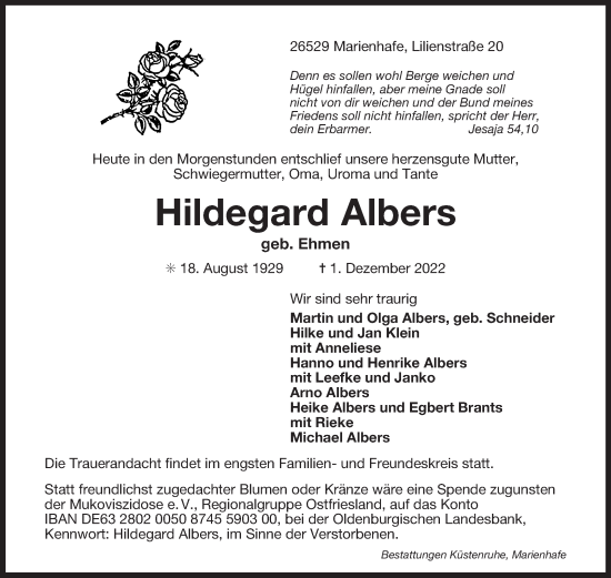 Traueranzeige von Hildegard Albers 
