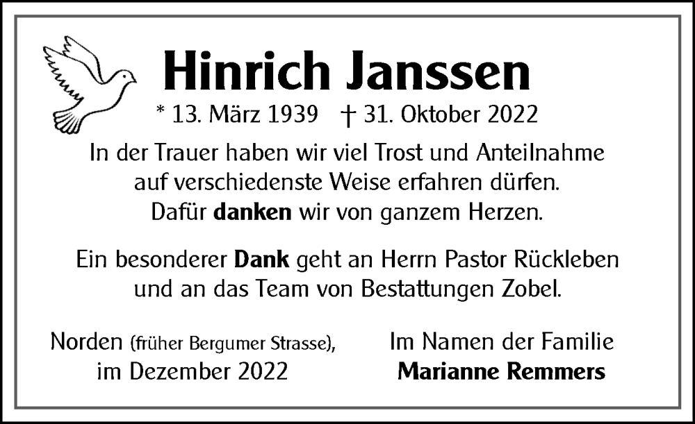  Traueranzeige für Hinrich Janssen vom 10.12.2022 aus 