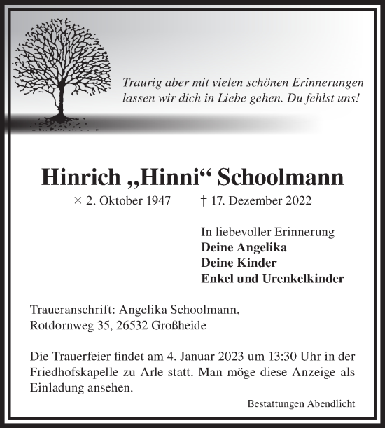 Traueranzeige von Hinrich Schoolmann 