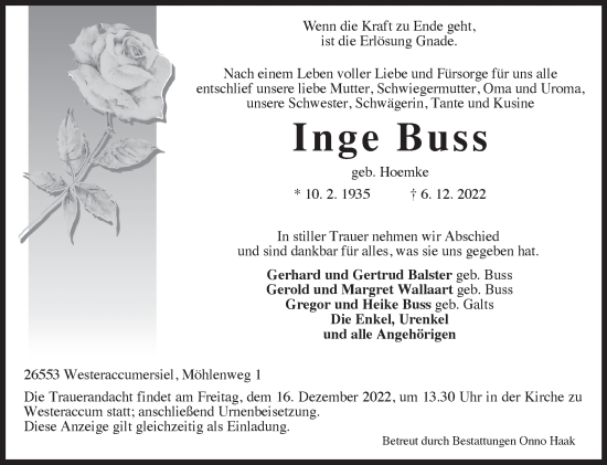 Traueranzeige von Inge Buss 