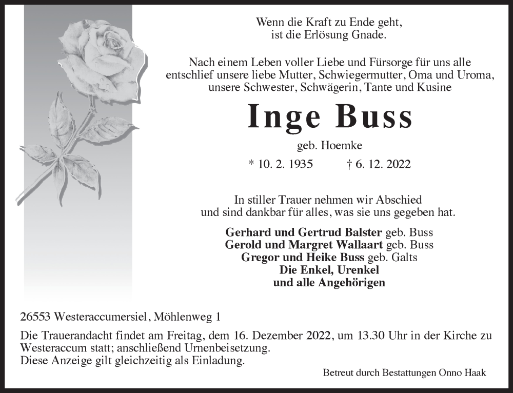  Traueranzeige für Inge Buss vom 08.12.2022 aus 