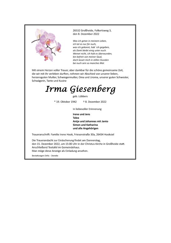 Traueranzeige von Irma Giesenberg 