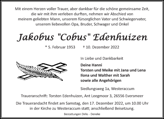 Traueranzeige von Jakobus Edenhuizen 