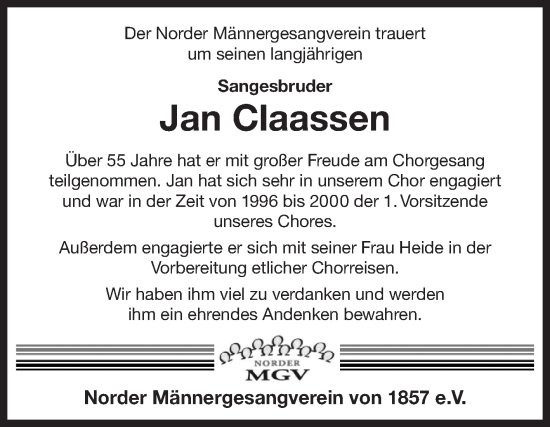 Traueranzeige von Jan Claassen 