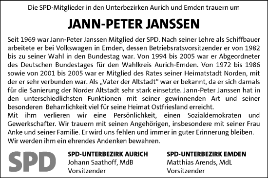 Traueranzeige von Jann-Peter Janssen 