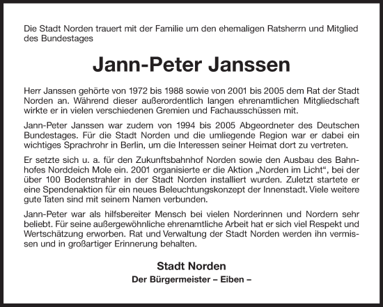 Traueranzeige von Jann-Peter Janssen 