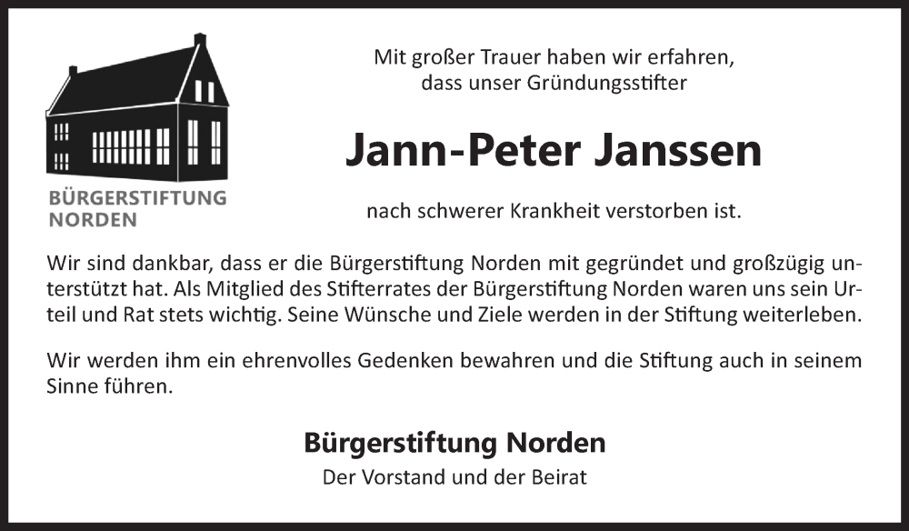  Traueranzeige für Jann-Peter Janssen vom 13.12.2022 aus 