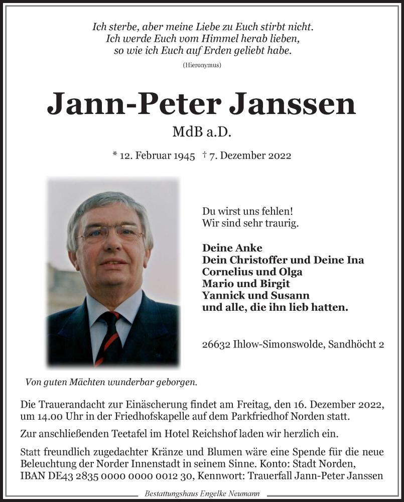  Traueranzeige für Jann-Peter Janssen vom 10.12.2022 aus 