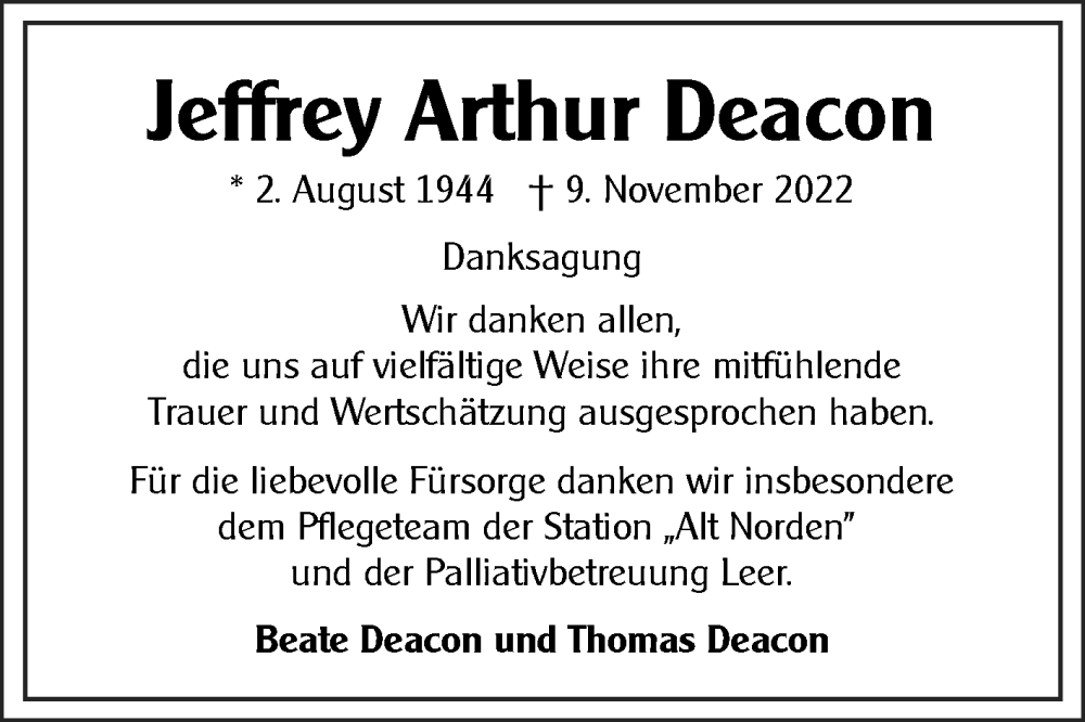  Traueranzeige für Jeffrey Arthur Deacon vom 17.12.2022 aus 