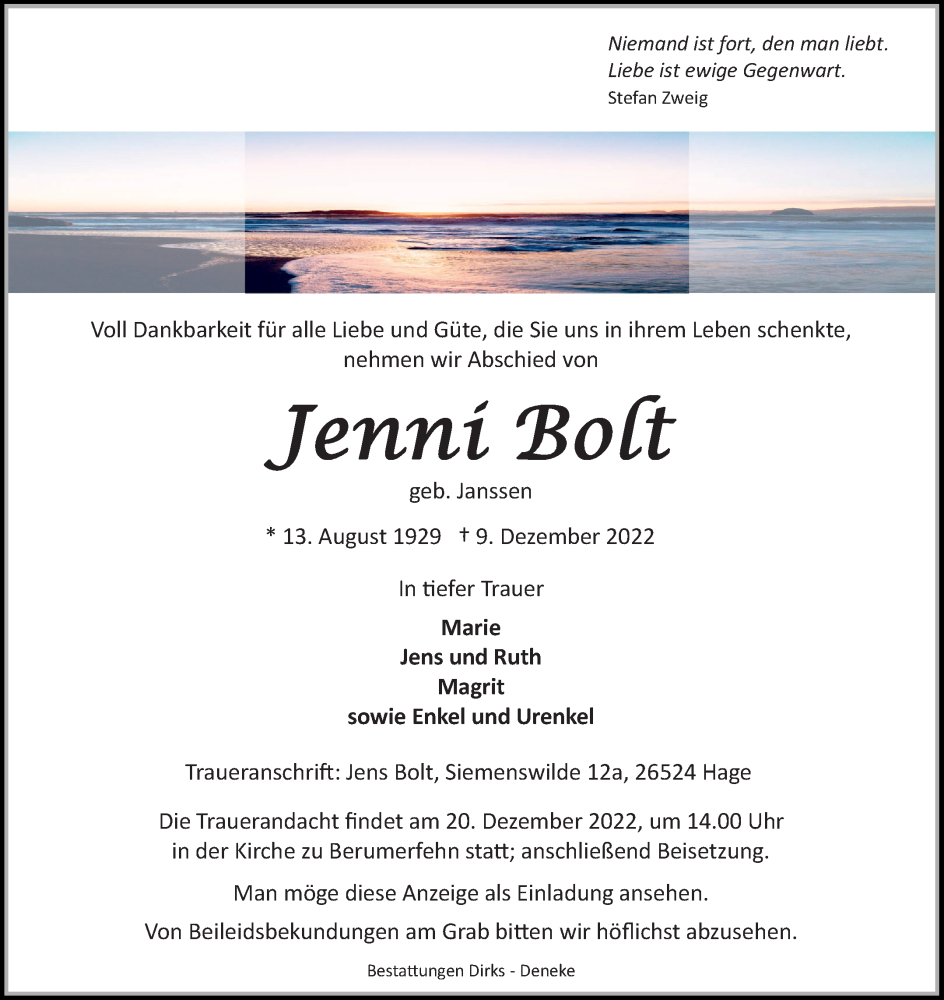  Traueranzeige für Jenni Bolt vom 15.12.2022 aus 