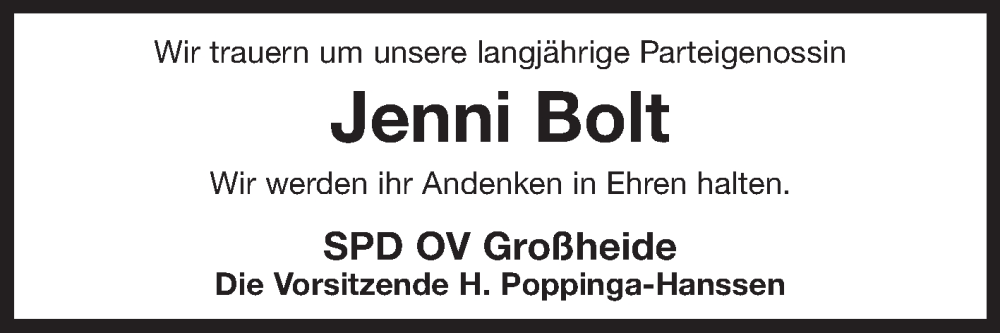  Traueranzeige für Jenni Bolt vom 17.12.2022 aus 