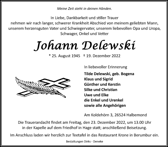 Traueranzeige von Johann Delewski 