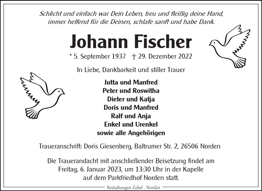  Traueranzeige für Johann Fischer vom 31.12.2022 aus 