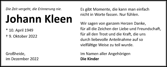 Traueranzeige von Johann Kleen 