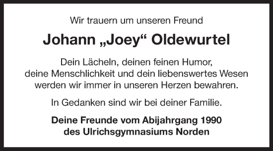 Traueranzeige von Johann Oldewurtel 