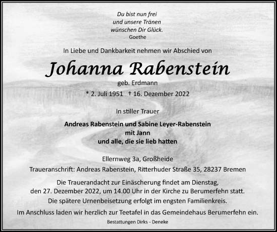 Traueranzeige von Johanna Rabenstein 