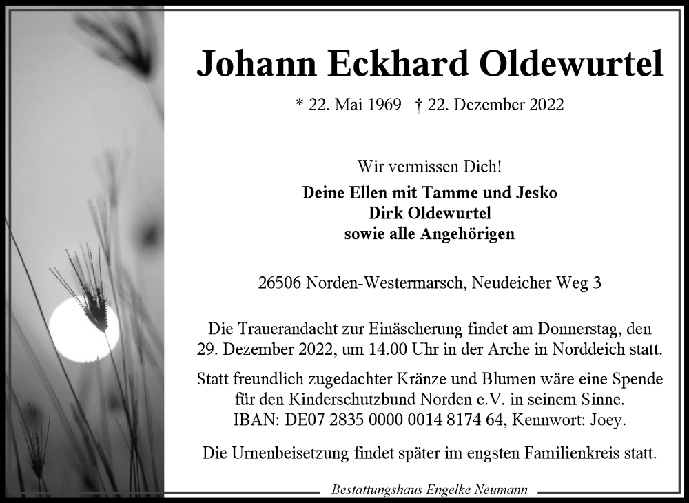  Traueranzeige für Johann Eckhard Oldewurtel vom 24.12.2022 aus 