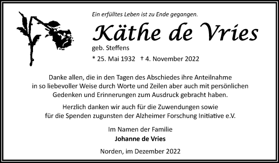 Traueranzeige von Käthe de Vries 