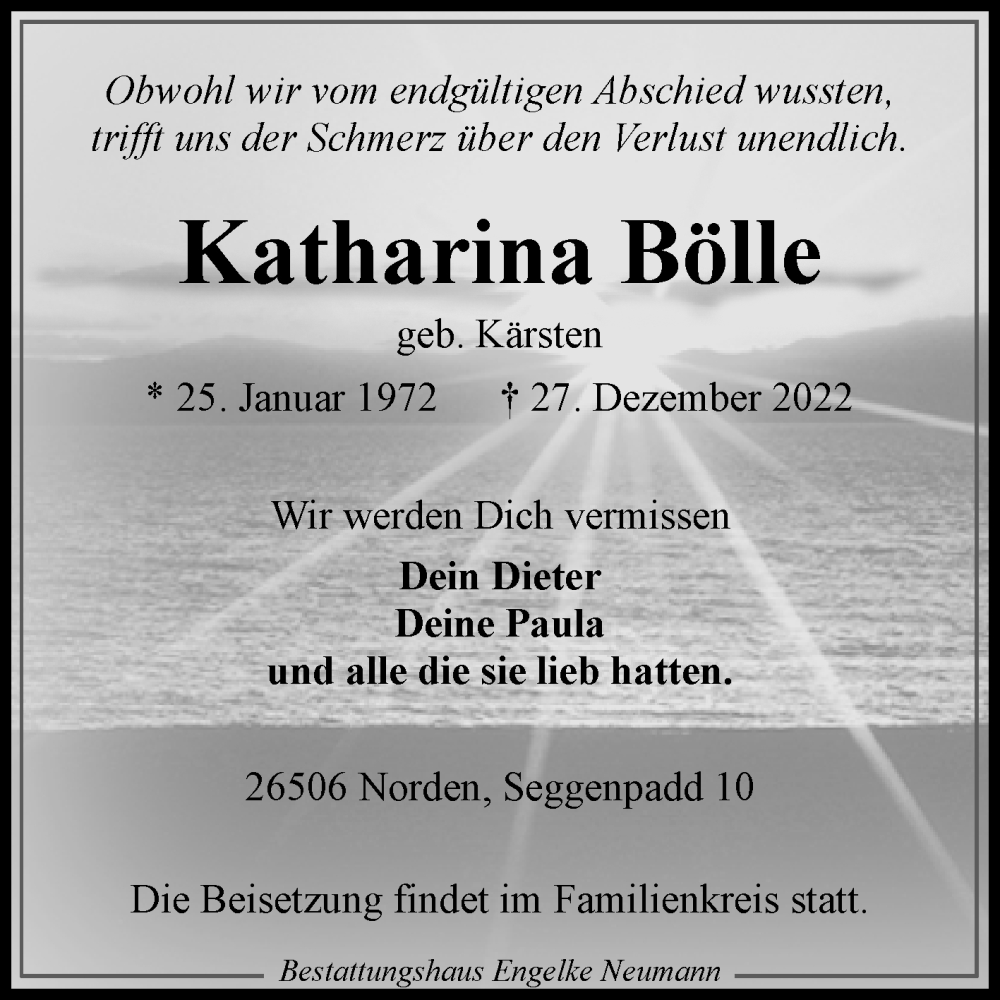  Traueranzeige für Katharina Bölle vom 30.12.2022 aus 