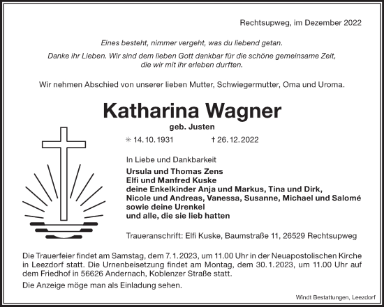 Traueranzeige von Katharina Wagner 