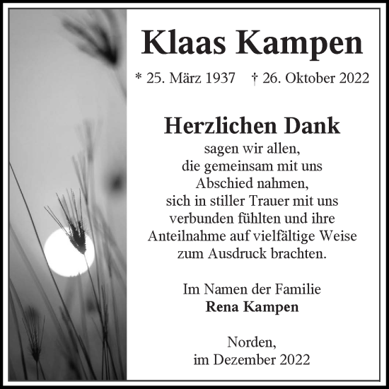 Traueranzeige von Klaas Kampen 