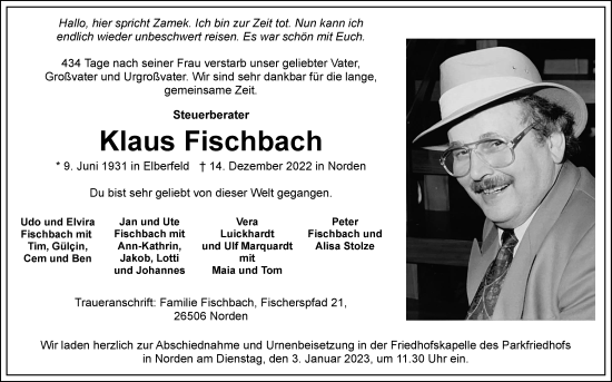 Traueranzeige von Klaus Fischbach 