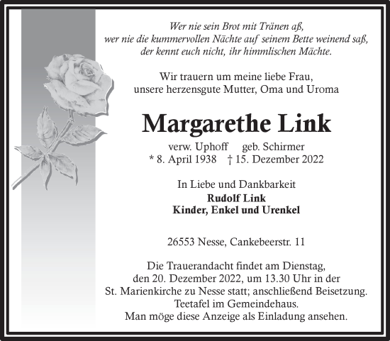 Traueranzeige von Margarethe Link 
