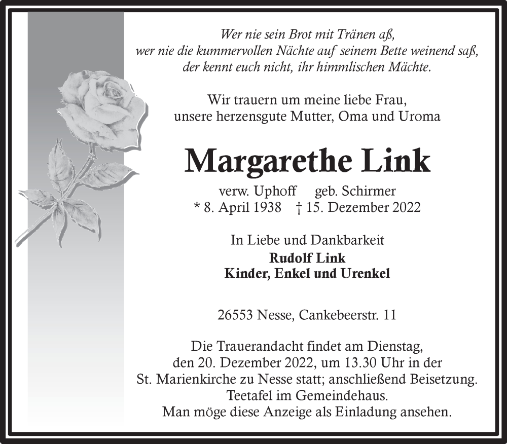  Traueranzeige für Margarethe Link vom 17.12.2022 aus 