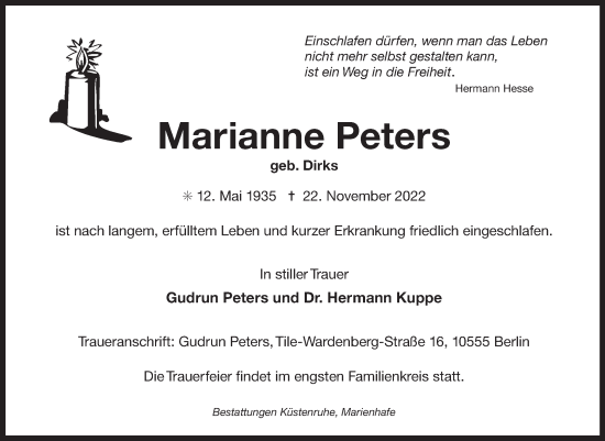 Traueranzeige von Marianne Peters 
