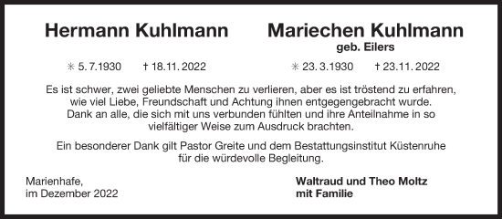 Traueranzeige von Mariechen Kuhlmann 