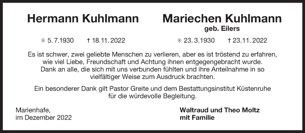  Traueranzeige für Mariechen Kuhlmann vom 24.12.2022 aus 