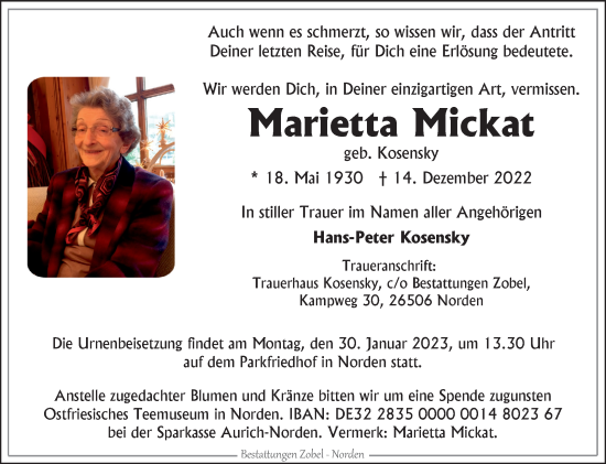 Traueranzeige von Marietta Mickat 