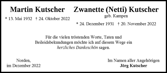 Traueranzeige von Martin und Zwanette Kutscher 