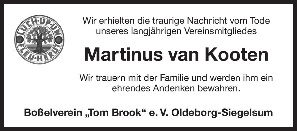 Traueranzeige für Martinus van Kooten vom 14.12.2022 aus 