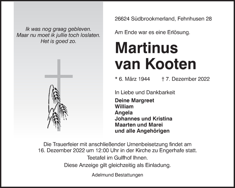  Traueranzeige für Martinus van Kooten vom 09.12.2022 aus 