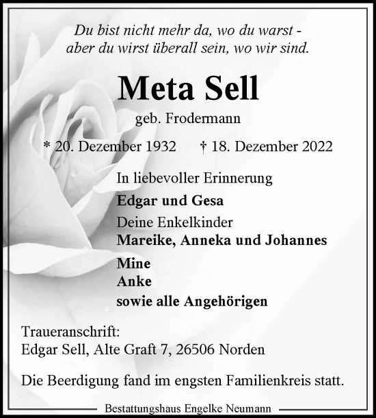 Traueranzeige von Meta Sell 