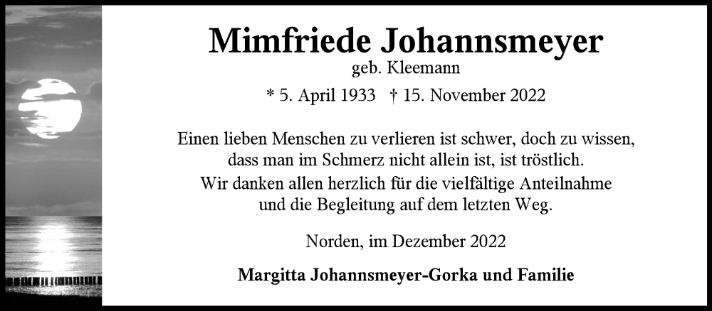  Traueranzeige für Mimfriede Johannsmeyer vom 24.12.2022 aus 
