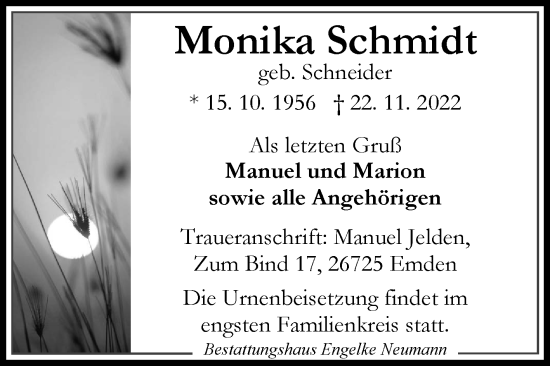 Traueranzeige von Monika Schmidt 