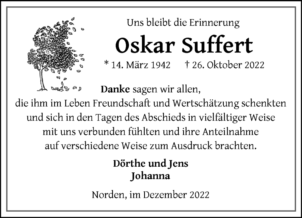  Traueranzeige für Oskar Suffert vom 17.12.2022 aus 