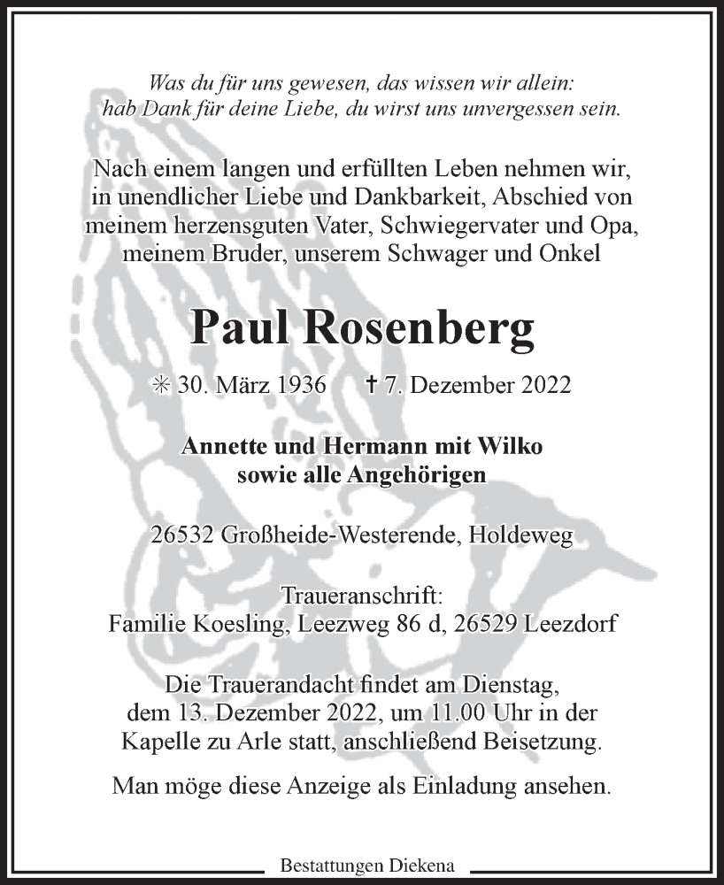  Traueranzeige für Paul Rosenberg vom 10.12.2022 aus 