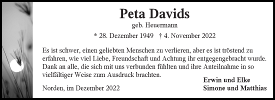 Traueranzeige von Peta Davids 