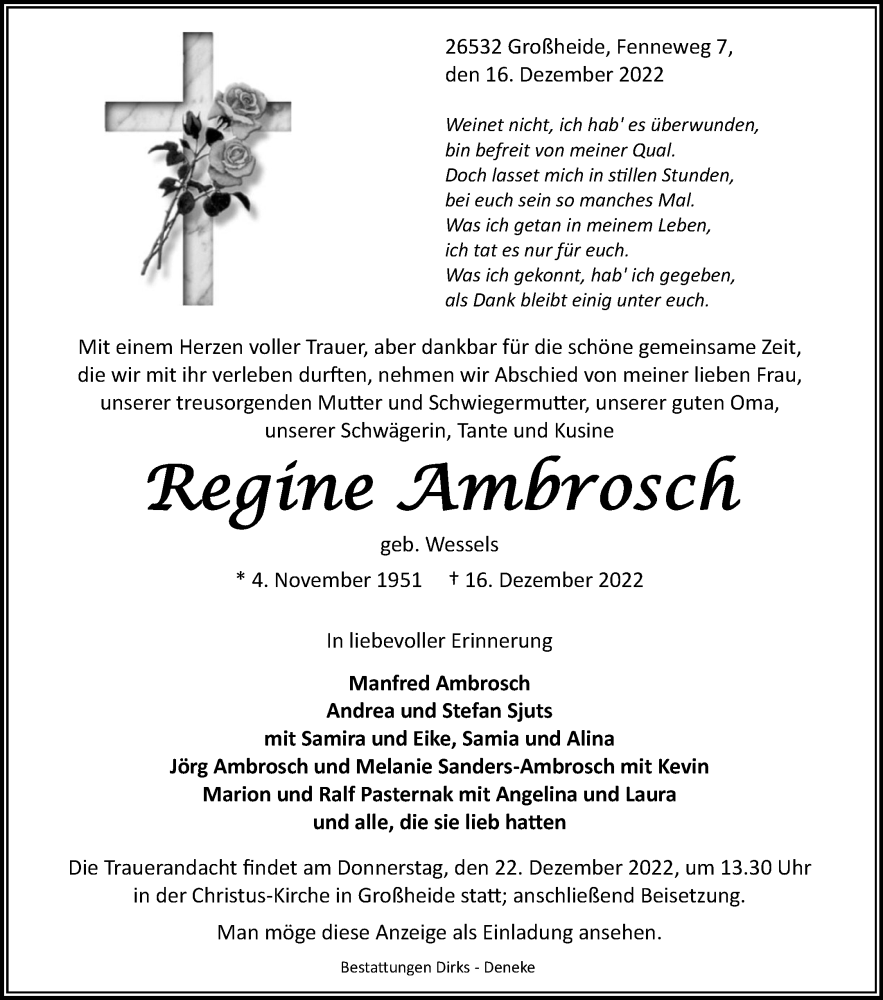  Traueranzeige für Regine Ambrosch vom 20.12.2022 aus 
