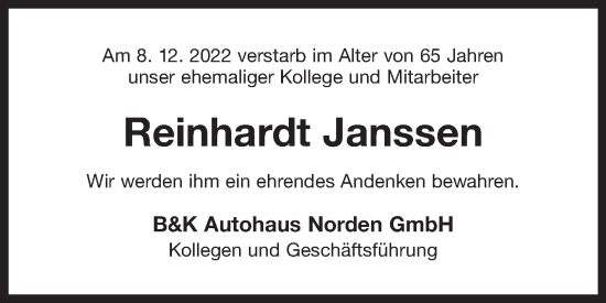 Traueranzeige von Reinhardt Janssen 