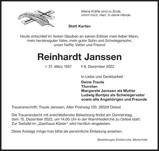 Traueranzeige von Reinhardt Janssen 