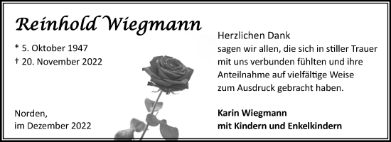Traueranzeige von Reinhold Wiegmann 
