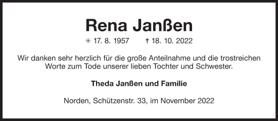 Traueranzeige von Rena Janßen 