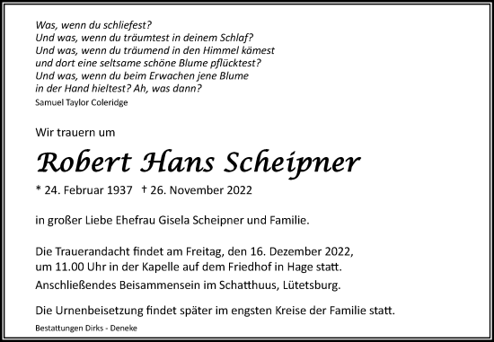 Traueranzeige von Robert Hans Scheipner 