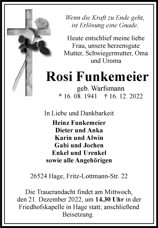 Traueranzeige von Rosi Funkemeier 