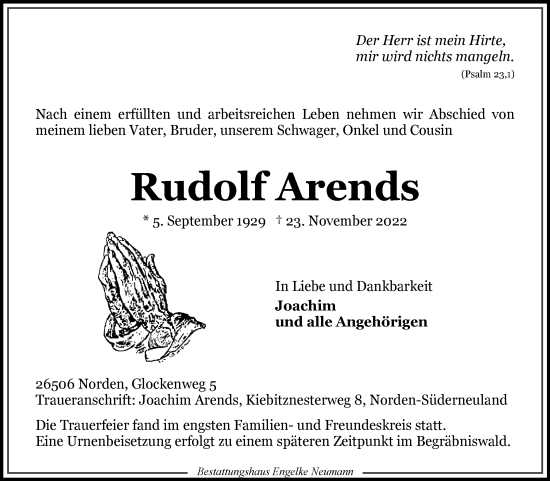 Traueranzeige von Rudolf Arends 